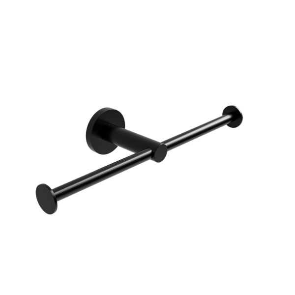 Black matte wall-mounted towel bar with circular mounting plates and two parallel bars for hanging towels