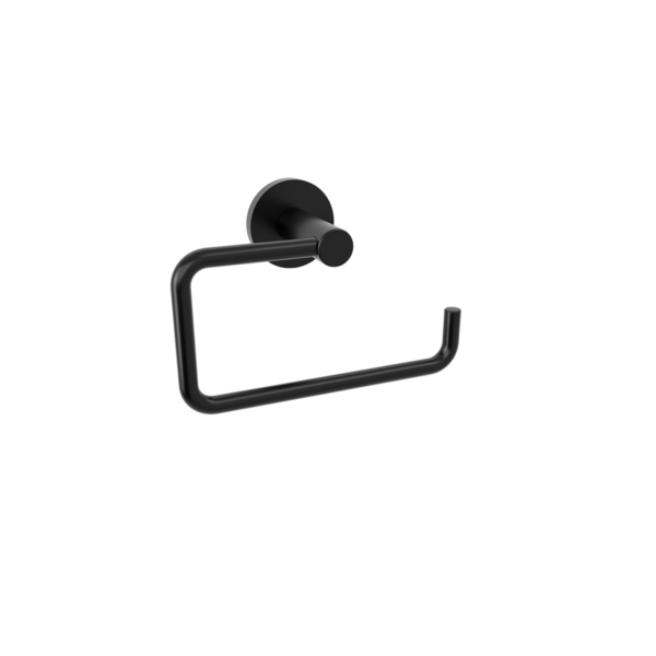 Wall-mounted black towel ring with a circular back plate and curved U-shaped bar for towels
