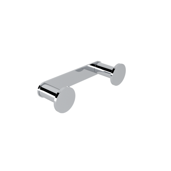 Chrome dumbbell with circular weight plates on each end to the left and right of a straight bar surface-side view