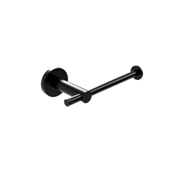 Black wall-mounted towel hook in matte finish with two cylindrical pegs on a round backplate