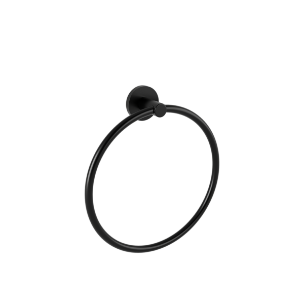 Black circular towel ring mounted on a wall in a minimalist matte finish