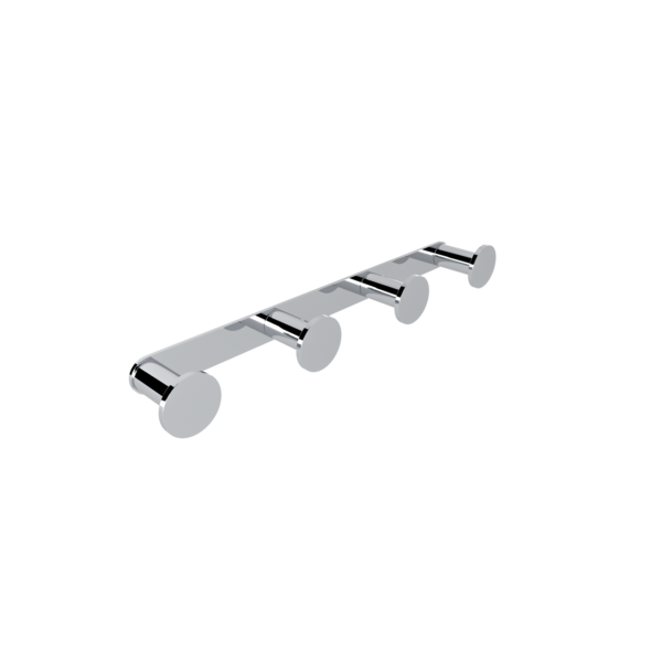 Chrome wall-mounted rail with four round knobs for hanging items