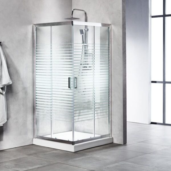 Glass shower enclosure with frosted horizontal stripes, chrome hardware, and a rainfall showerhead in a modern bathroom corner.