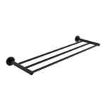 Black metal wall-mounted towel rack with two parallel bars and circular mounts at each end.