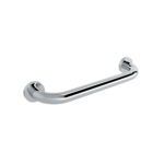 Polished chrome wall-mounted grab bar for bathroom safety, with circular mounting ends on a white background.