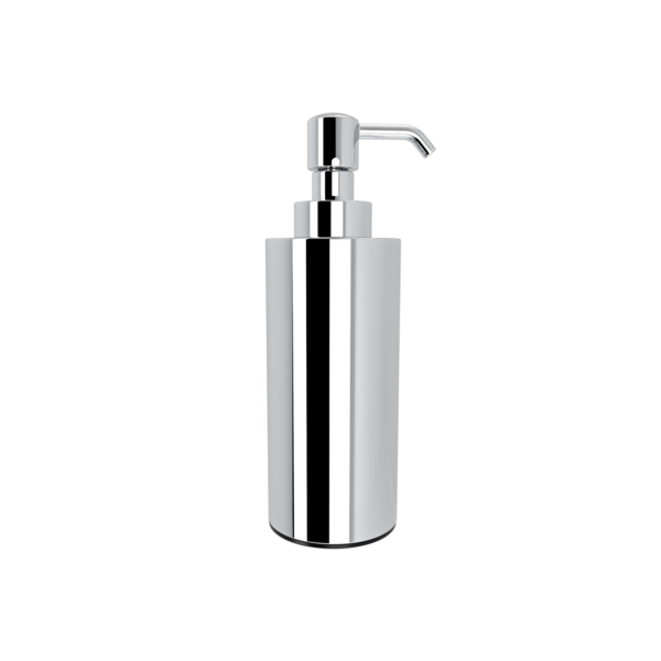 Chrome soap dispenser with a pump onto a cylindrical base, against a white background