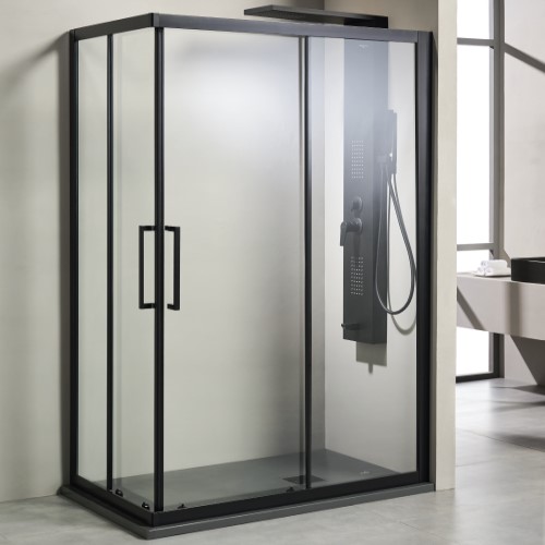 Black-framed glass shower enclosure installed in a modern bathroom, featuring a wall-mounted shower panel with a handheld sprayer inside.