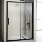 Glass shower enclosure with a black metal frame and sliding door, featuring a wall-mounted handheld shower and a rainfall head inside the enclosure.