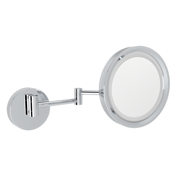 Chrome wall-mounted bathroom mirror with extendable arm and circular reflective surface for grooming use