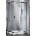 Chrome-framed corner shower enclosure with frosted glass doors in a modern bathroom.