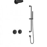 Matte black shower system with overhead rainfall head, handheld wand, vertical bar, and two round controls
