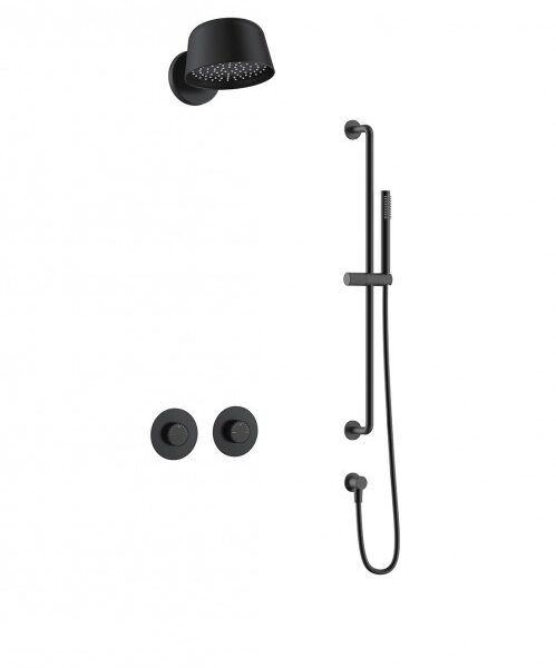 Matte black shower system with overhead rainfall head, handheld wand, vertical bar, and two round controls