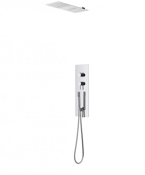 Wall-mounted chrome shower panel with adjustable handheld wand and built-in body jets, plus a square ceiling rain shower head above it.