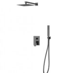 Modern shower system with a ceiling rainfall head, wall control valve, and a handheld shower on a flexible hose.