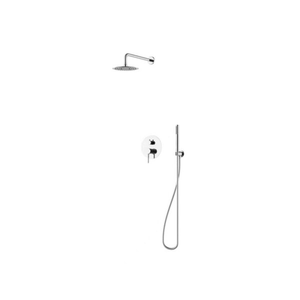 Chrome shower system with overhead rain head and a handheld shower on a hose.