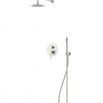 Wall-mounted shower system featuring a round rainfall head, a handheld shower with hose, and an integrated wall control.