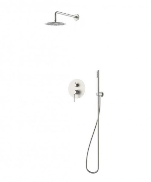Wall-mounted shower system featuring a round rainfall head, a handheld shower with hose, and an integrated wall control.