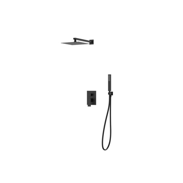 Black wall-mounted shower system with a square rainfall head, horizontal arm, and sleek rectangular wall bracket with a handheld shower on a flexible hose.